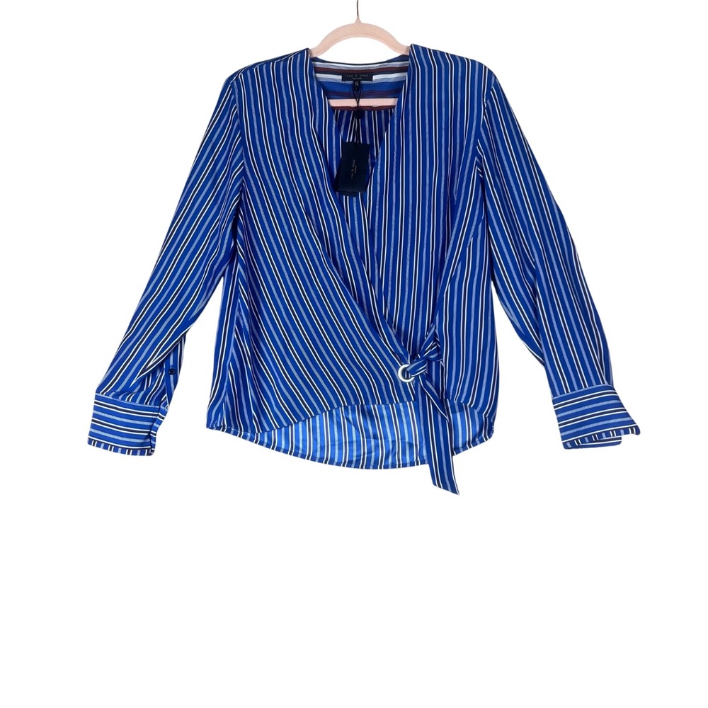Rag & Bone Felix Stripe Popover Blue Multi 100% Silk Blouse XS W292A207B NEW